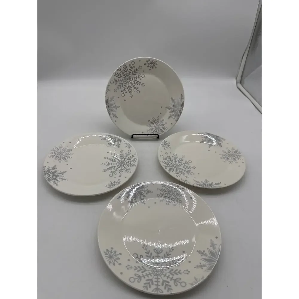 Set Of 4 Royal Norfolk Holiday Winter Silver Snowflake Ceramic Salad Plates, 8”